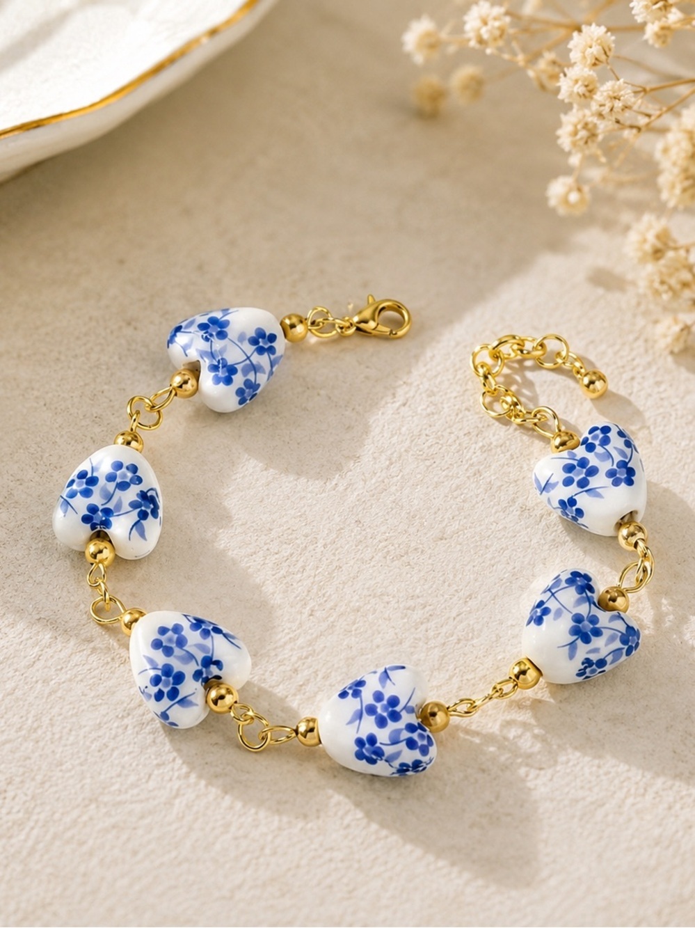 Vintage inspired  Porcelain Heart Bracelet  Floral Ceramic Charm Jewelry